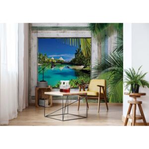 Fototapet - Wood Plank Window Tropical Lagoon View Vliesová tapeta - 416x254 cm