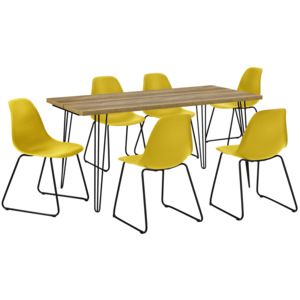 [en.casa]® Set design masa bucatarie cu 6 scaune, 160 x 75 x 77cm, efect lemn/galben-mustar