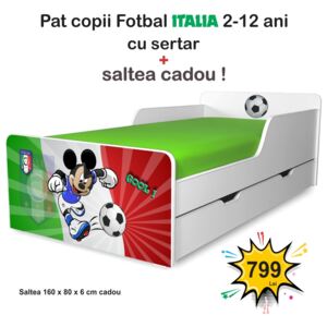 Pat copii Fotbal Italia 2-12 ani cu sertar si saltea cadou