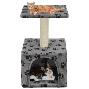 Ansamblu pisici, stâlp funie sisal, 55 cm, imprimeu lăbuțe, gri