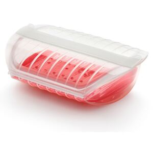 Recipient din silicon cu tavă de gătire la aburi pentru 3- 4 porții Lékué Steam Case, transparent - roșu