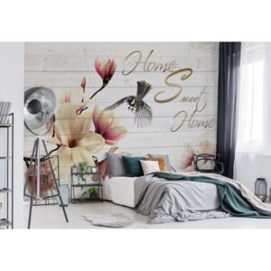 Fototapet - Magnolia Flowers Wood Planks "Home Sweet Home" Vliesová tapeta - 368x254 cm