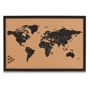 Panou din pluta cu rama de lemn, Pin Board Worldmap Negru, L60xl40 cm