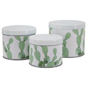 Set 3 cutii Cactus, fier, alb verde, 15X13.5-14X11.5-12.5X10 cm