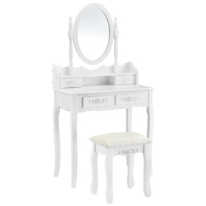 [en.casa]® Set Diva masa de toaleta/machiaj cu oglinda si scaun , masa 75 x 75 x 40 cm, scaun 45 x 37 x 28 cm, MDF, alb cu 4 sertare pentru depozitare
