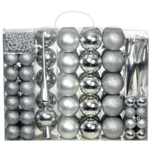 Set globuri de Crăciun 113 piese, 6 cm Argintiu