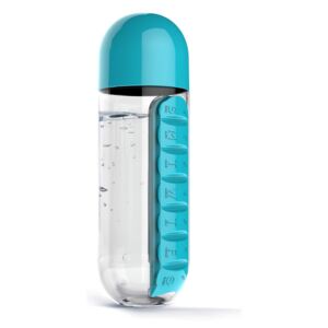 Sticlă cu organizator medicamente integrat Asobu In Style Blue, 600 ml