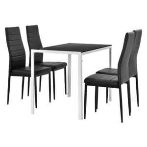 Set design bicolor 1 masa de bucatarie/salon Hamburg en.casa 105 x 60 cm 4 scaune otel sticla imitatie piele negru/alb