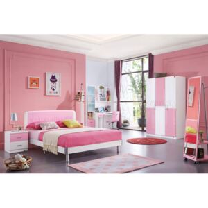 Set mobilier Danube din MDF pentru dormitor fete: pat 120 x 200cm noptiera dulap 3 usi birou si scaun