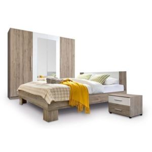 Set mobila dormitor Martina, dulap cu 4 usi, pat 165x204 cm, noptiere, stejar sanremo/alb