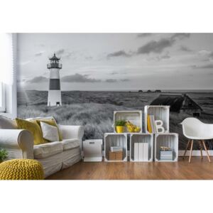 Fototapet - Black And White Coastal Dunes Lighthouse Vliesová tapeta - 416x254 cm