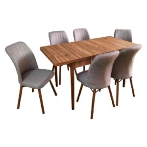 Set masă living extensibilă Aris Nuc cu 6 scaune Kare gri