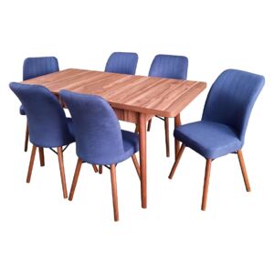 Set masă living extensibilă Aris Nuc cu 6 scaune Kare albastre