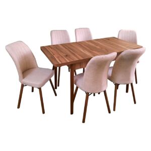 Set masă living extensibilă Aris Nuc cu 6 scaune Kare crem