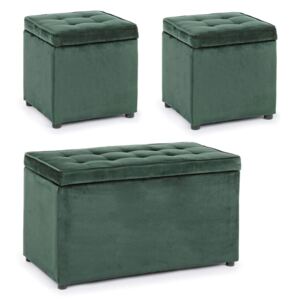 Set bancheta si 2 pufi catifea verde cu capac Bellville Green Velvet Bench/2Pouf | PRIMERA COLLECTION