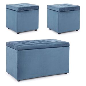 Set bancheta si 2 pufi catifea albastra cu capac Bellville Blue Velvet Bench/2Pouf | PRIMERA COLLECTION