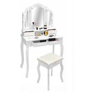 SEA536 - Set Masa alba toaleta, 80 cm, cosmetica machiaj oglinda cu LED, masuta vanity, scaunel, taburet tapitat