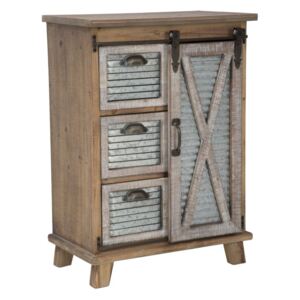 Cabinet din lemn si metal, cu 3 sertare si 1 usa culisanta Old West Natural / Gri, l60xA38,5xH84,5 cm
