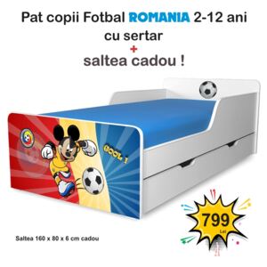 Pat copii Fotbal Romania 2-12 ani cu sertar si saltea cadou