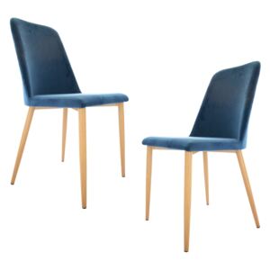 Set 2 scaune dining Regal, catifea, picioare metalice imitatie lemn, albastru cobalt