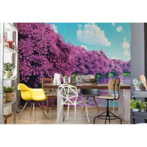 Fototapet - Purple Blossom Trees Lake Calming Vliesová tapeta - 250x104 cm