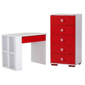 Set birou Red Alpino culoare alb/rosu 2 piese, birou 90x50cm h 76.1cm ,comoda cu sertare 55x40cm h102cm