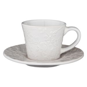 Ceașcă ceramică cu farfurioară, floare albă, 180 ml