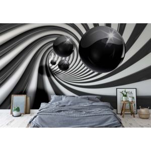 Fototapet - 3D Swirl Tunnel Black Balls Vliesová tapeta - 206x275 cm