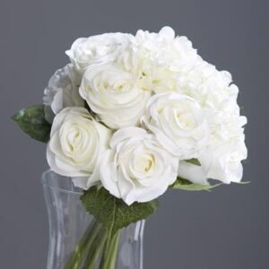 Buchet trandafiri si hortensii artificiale crem - 35 cm