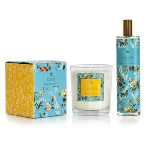 Set lumânare parfumată și spray de interior cu aromă de frezii și mosc Bahoma London Oasis Leighton