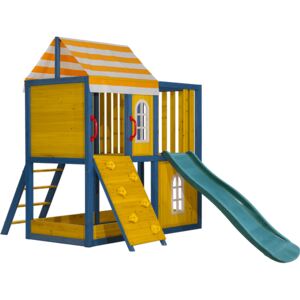 Căsuţă pentru grădină din lemn / loc de joacă pentru copii cu tobogan şi perete de căţărat, MANAS