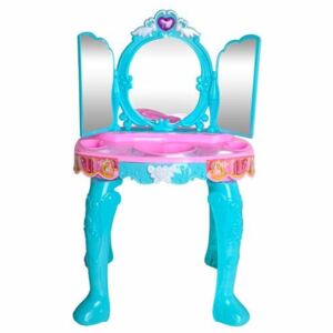 Masuta de machiaj pentru fetite sunete interactive si lumini uscator de par si scaunel 60 cm inaltime + accesori