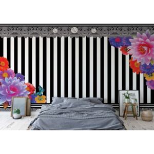 Fototapet - Colourful Flowers Black And White Strips Vliesová tapeta - 206x275 cm