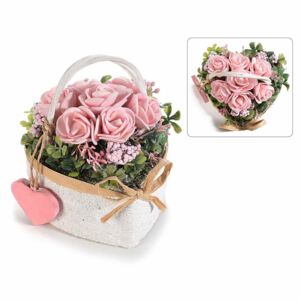Aranjament cu trandafiri artificiali model inima roz verde 9 cm x 9 cm x 9 cm H