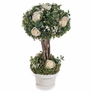 Aranjament cu trandafiri artificiali model bonsai in ghiveci alb verde Ø 11 cm x 19 H