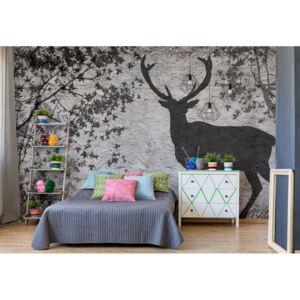 Fototapet - Stag Tree Silhouette Vintage Design Grey Vliesová tapeta - 416x254 cm