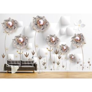 Tapet Premium Canvas - Abstract flori argintii cu perle