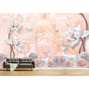 Tapet Premium Canvas - Abstract caprioare si flori albe