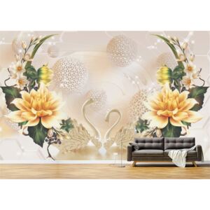 Tapet Premium Canvas - Abstract flori aurii si lebede din portelan