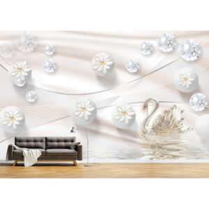 Tapet Premium Canvas - Abstract flori albe cu diamante