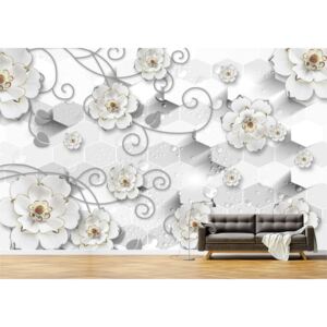 Tapet Premium Canvas - Abstract flori albe pe argintiu