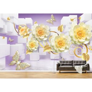 Tapet Premium Canvas - Abstract flori aurii si fluturi