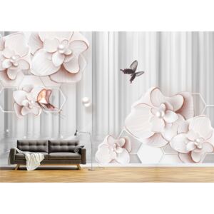 Tapet Premium Canvas - Abstract flori roz si fluturi