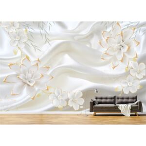 Tapet Premium Canvas - Flori albe cu auriu abstract