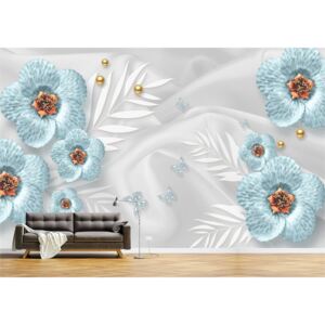 Tapet Premium Canvas - Flori albastre cu fluturi