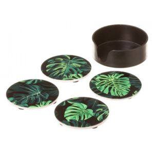 Set 4 coastere cu suport verzi/negre din ceramica Spring Leaves Unimasa