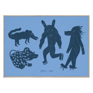 Tablou cu rama din lemn de stejar 50x70 cm Four Creatures Blue Paper Collective