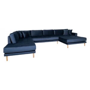 Canapea cu colt albastra din catifea si lemn 370 cm Lido U House Nordic