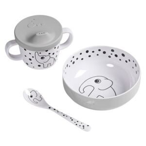 Set de masa 4 piese gri din melamina si silicon Happy Dots Done by Deer