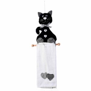 Set suport si prosop din textil negru alb model Pisica